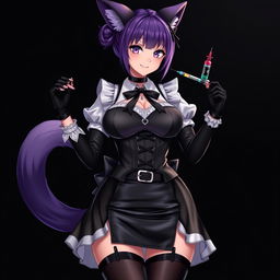 A sexy gothic semi-realistic anime kitsune girl maid, showcasing striking gothic makeup and shoulder-length purple hair elegantly styled in a bun, adorned with a black hairpin