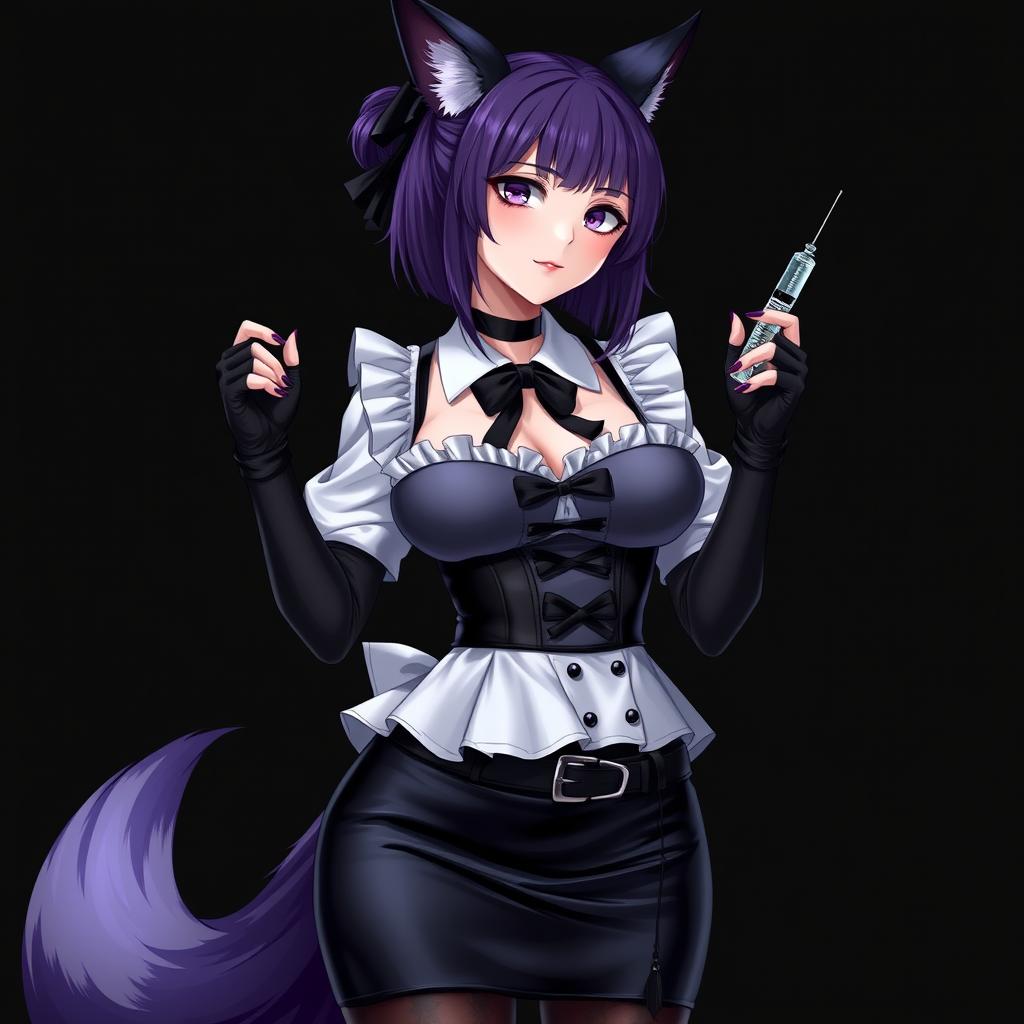 A sexy gothic semi-realistic anime kitsune girl maid, showcasing striking gothic makeup and shoulder-length purple hair elegantly styled in a bun, adorned with a black hairpin