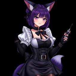 A sexy gothic semi-realistic anime kitsune girl maid, showcasing striking gothic makeup and shoulder-length purple hair elegantly styled in a bun, adorned with a black hairpin