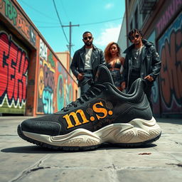 An artistic representation of a shoe featuring intricate designs showcasing the initials 'm