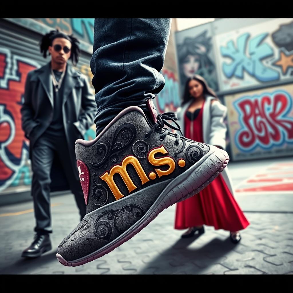 An artistic representation of a shoe featuring intricate designs showcasing the initials 'm