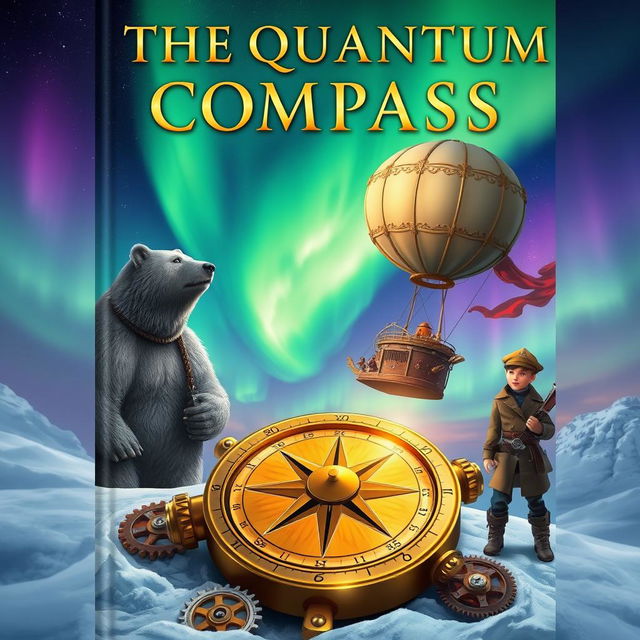 A steampunk and fantasy themed book cover titled "The Quantum Compass" featuring a breathtaking display of the northern lights in vibrant greens and purples overhead