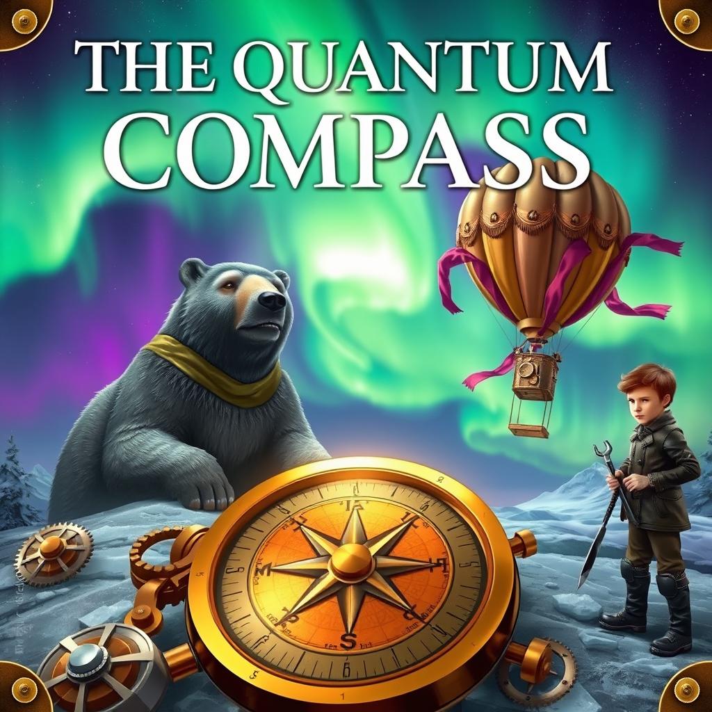 A steampunk and fantasy themed book cover titled "The Quantum Compass" featuring a breathtaking display of the northern lights in vibrant greens and purples overhead