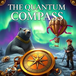 A steampunk and fantasy themed book cover titled "The Quantum Compass" featuring a breathtaking display of the northern lights in vibrant greens and purples overhead