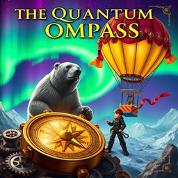 A steampunk and fantasy themed book cover titled "The Quantum Compass" featuring a breathtaking display of the northern lights in vibrant greens and purples overhead
