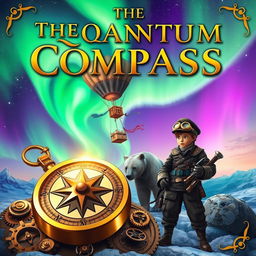 A steampunk and fantasy themed book cover titled "The Quantum Compass" featuring a breathtaking display of the northern lights in vibrant greens and purples overhead