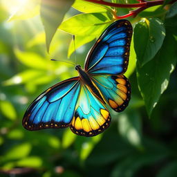 A stunning close-up of a butterfly emerging from its cocoon, vibrant colors of blue and yellow on its wings, delicately unfolding against a backdrop of lush green leaves, sunlight filtering through, creating a magical atmosphere, with droplets of dew glistening on the leaves