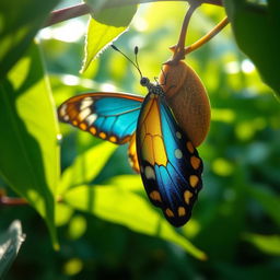 A stunning close-up of a butterfly emerging from its cocoon, vibrant colors of blue and yellow on its wings, delicately unfolding against a backdrop of lush green leaves, sunlight filtering through, creating a magical atmosphere, with droplets of dew glistening on the leaves