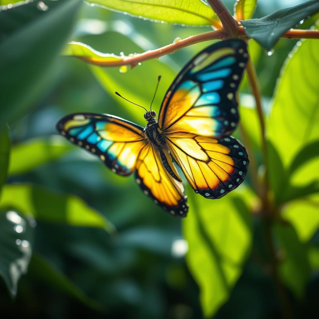 A stunning close-up of a butterfly emerging from its cocoon, vibrant colors of blue and yellow on its wings, delicately unfolding against a backdrop of lush green leaves, sunlight filtering through, creating a magical atmosphere, with droplets of dew glistening on the leaves
