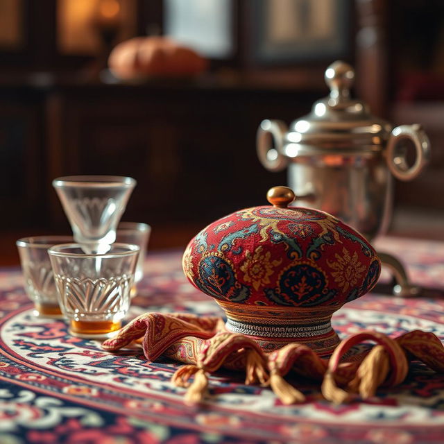 A close-up shot of a traditional Iranian noopu, beautifully crafted from bright, intricate fabrics with vivid colors like red, blue, and gold