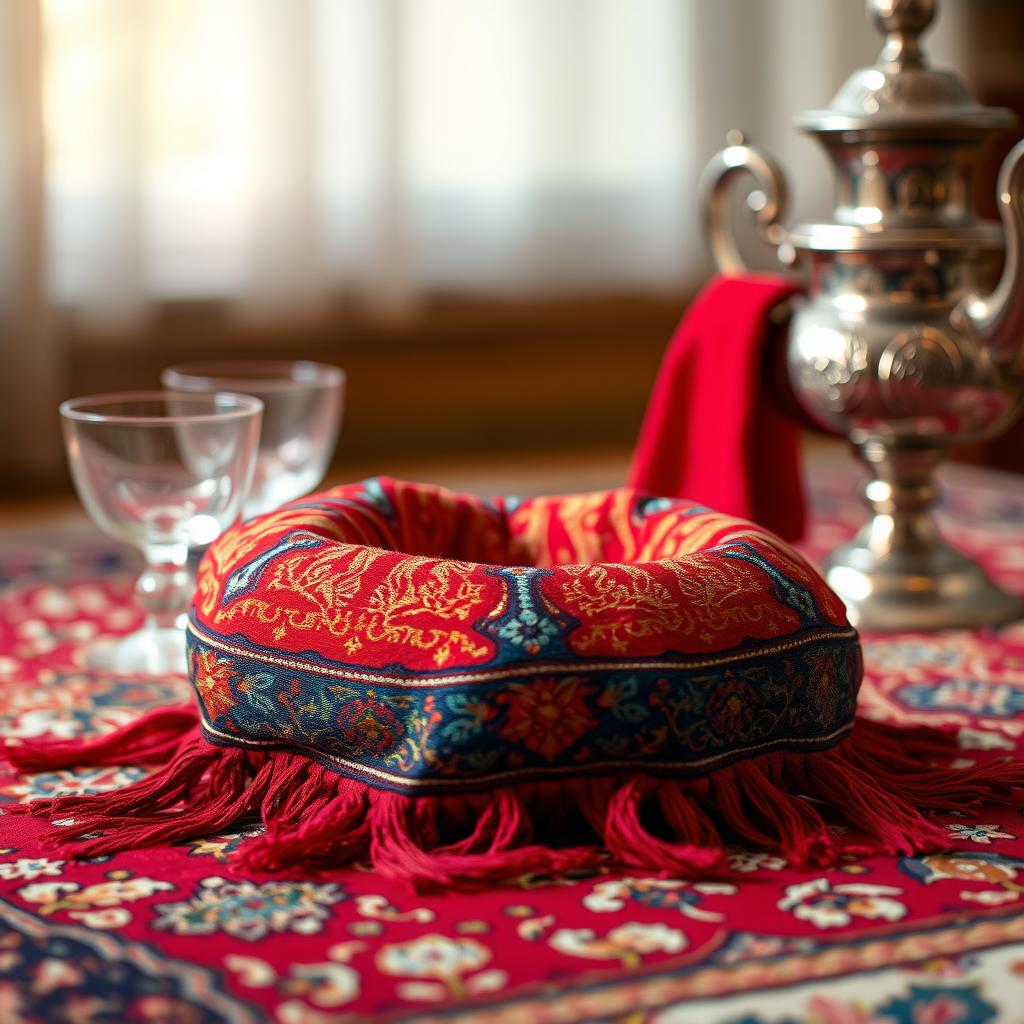 A close-up shot of a traditional Iranian noopu, beautifully crafted from bright, intricate fabrics with vivid colors like red, blue, and gold