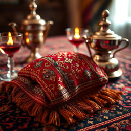 A close-up shot of a traditional Iranian noopu, beautifully crafted from bright, intricate fabrics with vivid colors like red, blue, and gold
