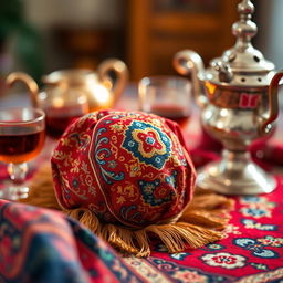 A close-up shot of a traditional Iranian noopu, beautifully crafted from bright, intricate fabrics with vivid colors like red, blue, and gold