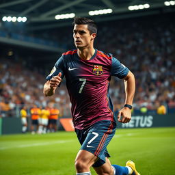 A dynamic and powerful portrait of a professional soccer player, resembling Cristiano Ronaldo, showcasing his intense expression during a match