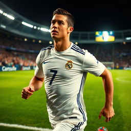 A dynamic and powerful portrait of a professional soccer player, resembling Cristiano Ronaldo, showcasing his intense expression during a match
