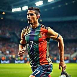 A dynamic and powerful portrait of a professional soccer player, resembling Cristiano Ronaldo, showcasing his intense expression during a match
