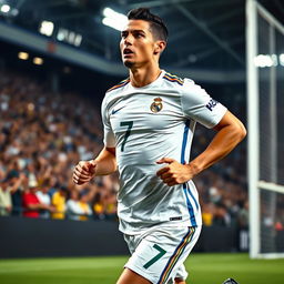 A dynamic and powerful portrait of a professional soccer player, resembling Cristiano Ronaldo, showcasing his intense expression during a match