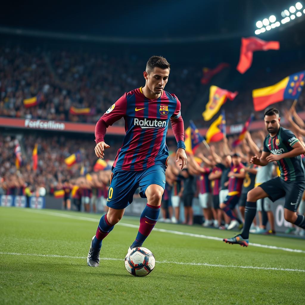 A dynamic sports scene featuring Cristiano Ronaldo playing for FC Barcelona, wearing the iconic blue and garnet jersey, showcasing his electrifying skills on the field