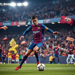 A dynamic sports scene featuring Cristiano Ronaldo playing for FC Barcelona, wearing the iconic blue and garnet jersey, showcasing his electrifying skills on the field