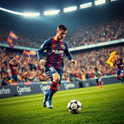 A dynamic sports scene featuring Cristiano Ronaldo playing for FC Barcelona, wearing the iconic blue and garnet jersey, showcasing his electrifying skills on the field