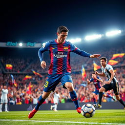 A dynamic sports scene featuring Cristiano Ronaldo playing for FC Barcelona, wearing the iconic blue and garnet jersey, showcasing his electrifying skills on the field
