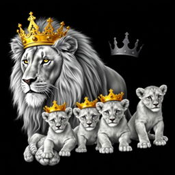 A realistic depiction of an adult male lion and a female lioness, both lifelike and in beautiful detail, against a striking black background