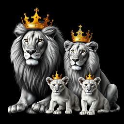 A realistic depiction of an adult male lion and a female lioness, both lifelike and in beautiful detail, against a striking black background
