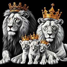 A realistic depiction of an adult male lion and a female lioness, both lifelike and in beautiful detail, against a striking black background