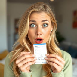A portrait of a surprised beautiful blonde woman holding a DNA test in her hands, her expression filled with astonishment and curiosity