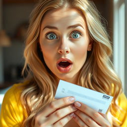 A portrait of a surprised beautiful blonde woman holding a DNA test in her hands, her expression filled with astonishment and curiosity