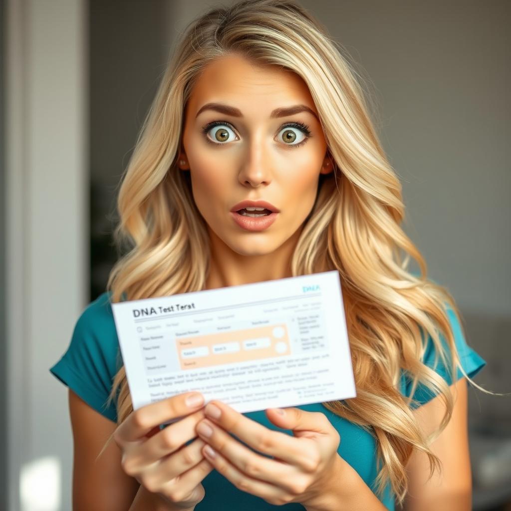 A portrait of a surprised beautiful blonde woman holding a DNA test in her hands, her expression filled with astonishment and curiosity