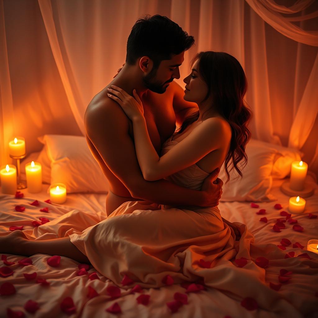 A sensual and intimate scene with a romantic atmosphere, featuring a couple embracing passionately in a candle-lit room