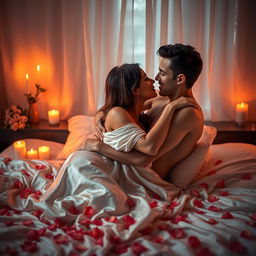 A sensual and intimate scene with a romantic atmosphere, featuring a couple embracing passionately in a candle-lit room