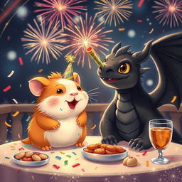 A cheerful scene depicting a ginger guinea pig and a majestic black dragon joyfully celebrating New Year's Eve