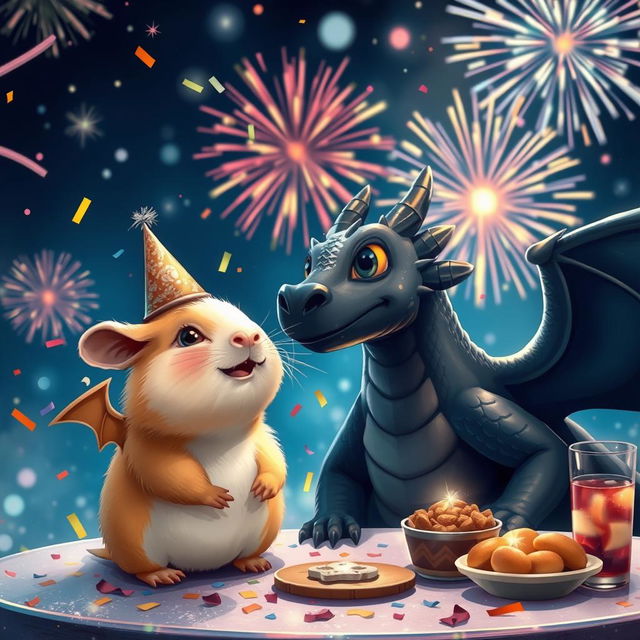 A cheerful scene depicting a ginger guinea pig and a majestic black dragon joyfully celebrating New Year's Eve