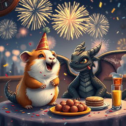 A cheerful scene depicting a ginger guinea pig and a majestic black dragon joyfully celebrating New Year's Eve