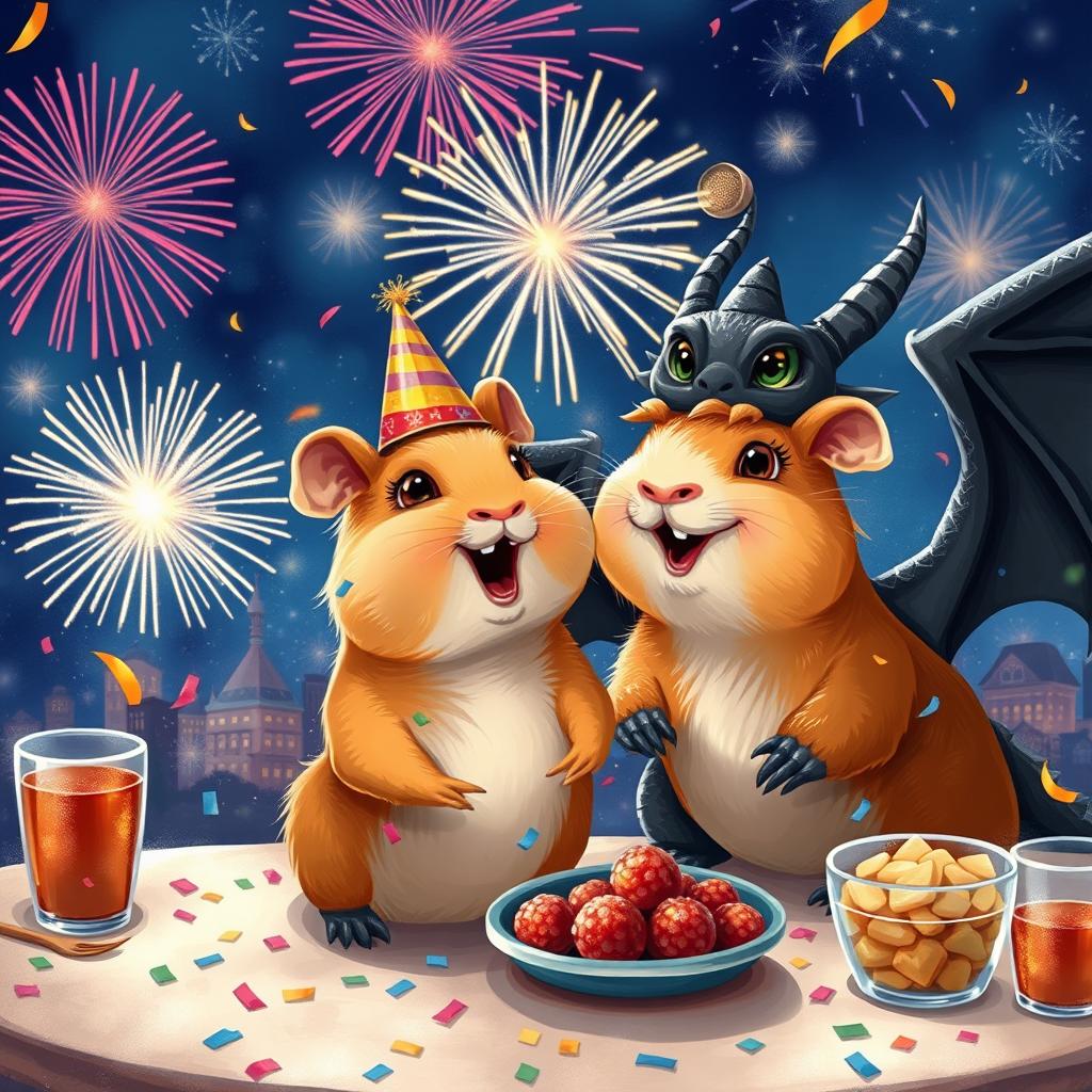 A cheerful scene depicting a ginger guinea pig and a majestic black dragon joyfully celebrating New Year's Eve