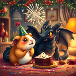 A whimsical and festive scene featuring a ginger guinea pig and a majestic black dragon celebrating New Year's Eve