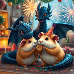 A whimsical and festive scene featuring a ginger guinea pig and a majestic black dragon celebrating New Year's Eve