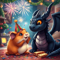 A whimsical and festive scene featuring a ginger guinea pig and a majestic black dragon celebrating New Year's Eve