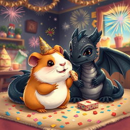 A whimsical and festive scene featuring a ginger guinea pig and a majestic black dragon celebrating New Year's Eve