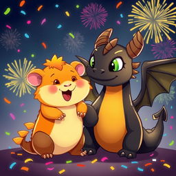 A cheerful ginger guinea pig and a large black dragon celebrating New Year's Eve together in a vibrant cartoon style