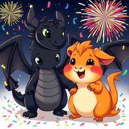 A cheerful ginger guinea pig and a large black dragon celebrating New Year's Eve together in a vibrant cartoon style
