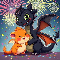 A cheerful ginger guinea pig and a large black dragon celebrating New Year's Eve together in a vibrant cartoon style