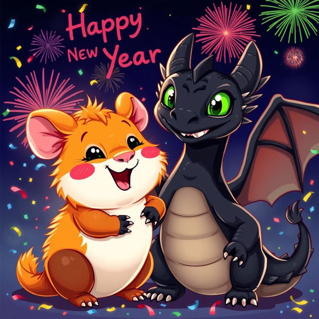 A cheerful ginger guinea pig and a large black dragon celebrating New Year's Eve together in a vibrant cartoon style