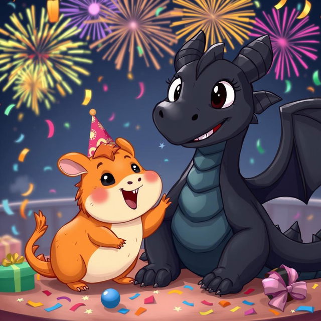 A cheerful scene featuring a ginger guinea pig and a large black dragon celebrating New Year's together