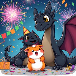 A cheerful scene featuring a ginger guinea pig and a large black dragon celebrating New Year's together