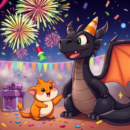 A cheerful scene featuring a ginger guinea pig and a large black dragon celebrating New Year's together