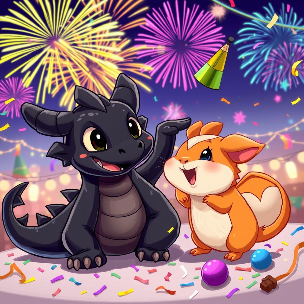 A cheerful scene featuring a ginger guinea pig and a large black dragon celebrating New Year's together