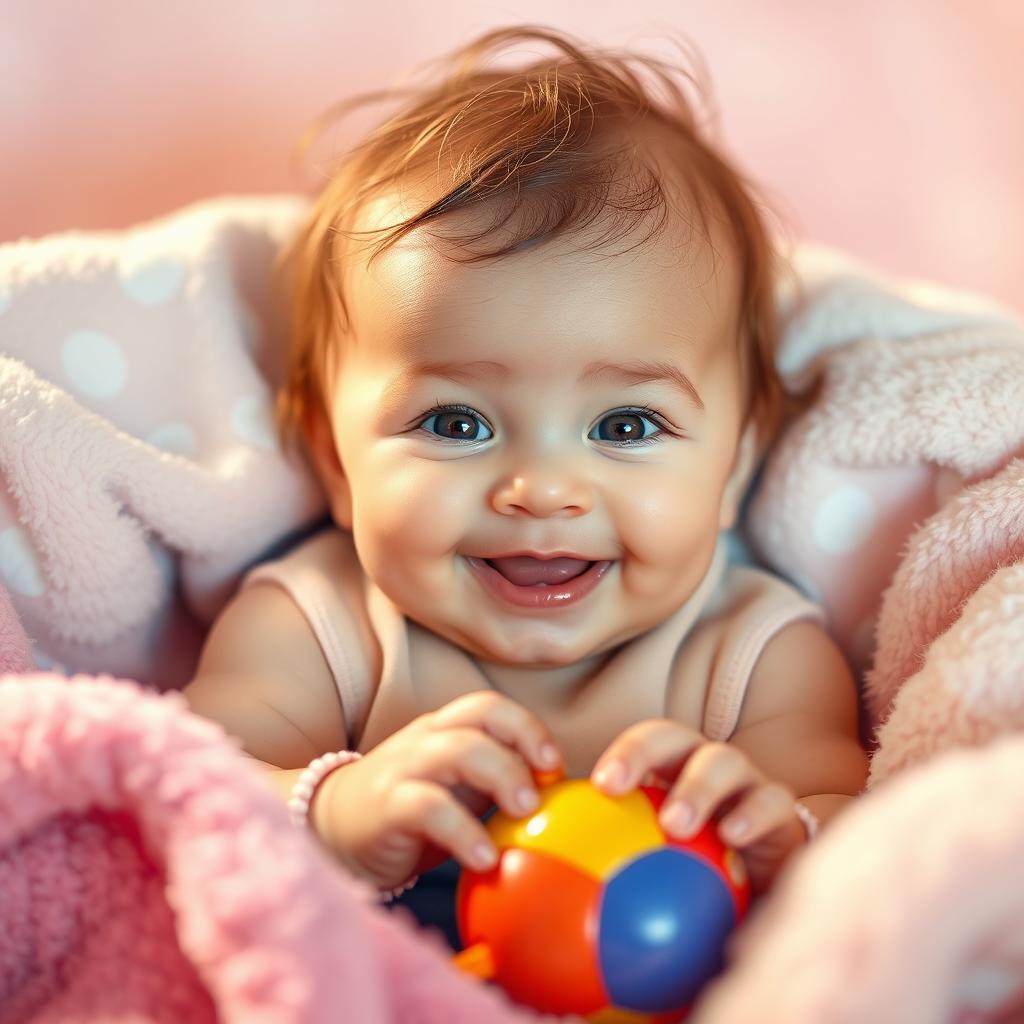 A cute, beautiful baby with sparkling eyes and a cheerful smile, surrounded by soft, colorful blankets in a cozy setting